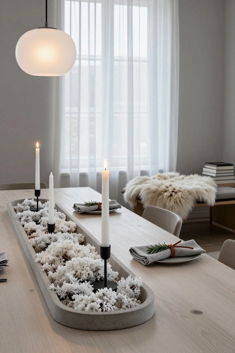 Long rectangular grey concrete trough on a light wood dining table filled with white textured fluffy elements and white taper candles in black metal holders, with sheer window curtains and a white pendant light in the background.