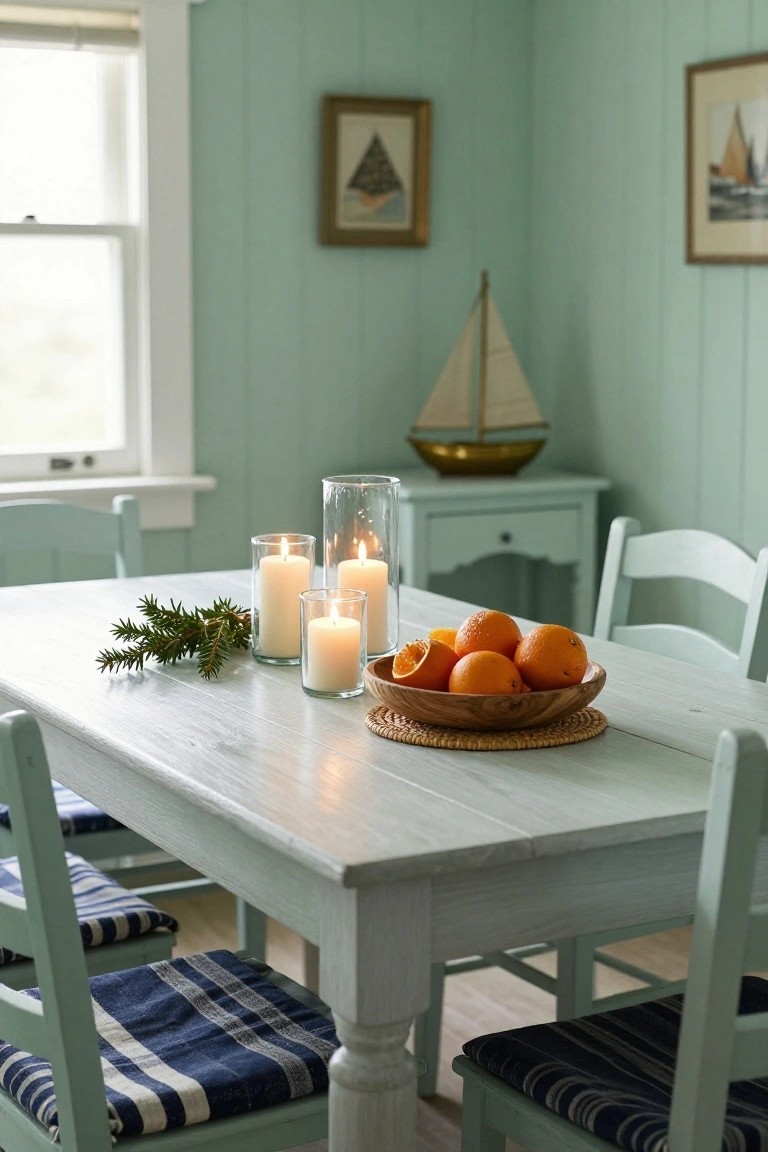 White wooden dining table in mint green paneled room centered with wooden bowl of oranges, pillar candles in glass holders, fir branches, nautical model ship on side table, and white chairs with blue cushions.