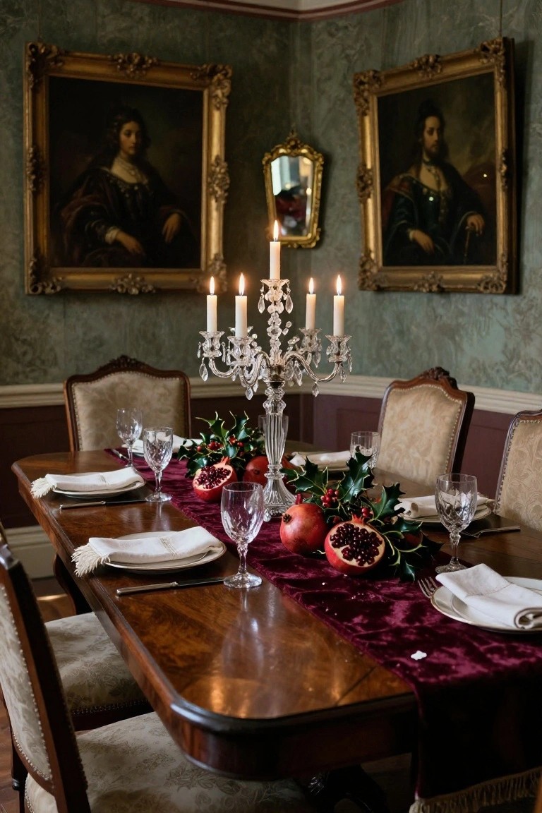 Dining room table with crystal candelabra centerpiece holding lit candles, surrounded by pomegranates and holly on a red velvet runner, set with wine glasses, napkins, and plates.