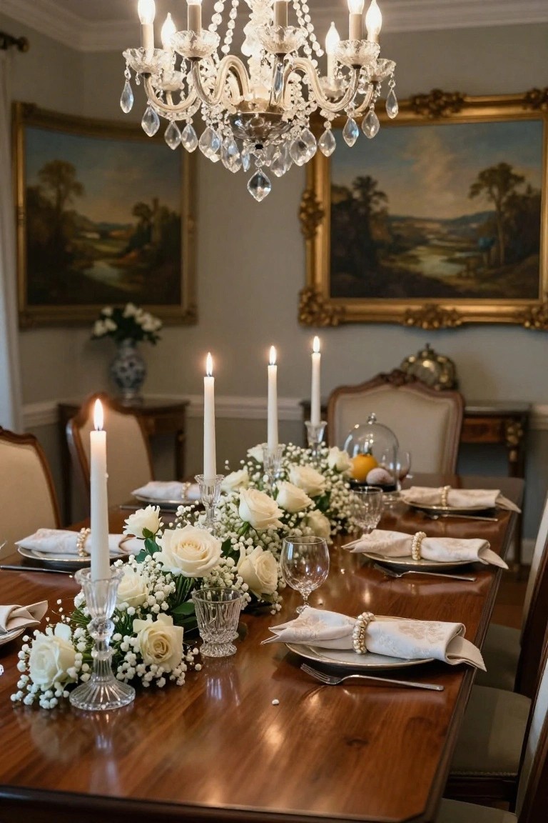 A formal dining table with a wooden top, decorated with a centerpiece of white roses and baby's breath in glass vases, multiple lit white taper candles, white plates, linen napkins with pearl rings, wine glasses, and clear glassware, under a crystal chandelier in a room with gold-framed landscape paintings.