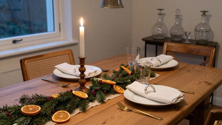 Wooden dining table with white linen runner, pine branches, dried orange slices, red berries, multiple white candles in holders, white plates, gold flatware, wine glasses, and rattan chairs.