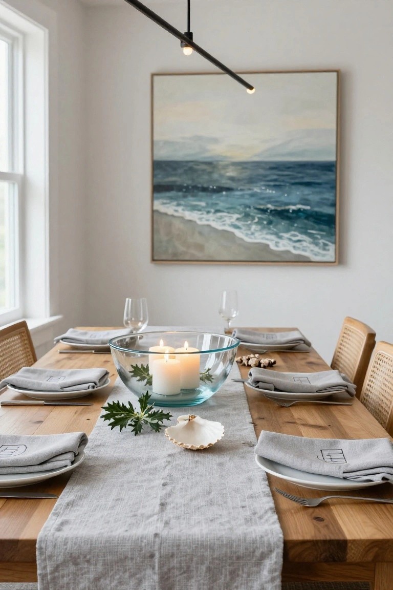 Close-up of a wooden dining table set with a large clear glass bowl filled with four white pillar candles, green eucalyptus leaves, and small shells at the center, flanked by gray linen napkins, white plates, wine glasses, and a gray runner, in a bright room with a seascape painting on the wall.
