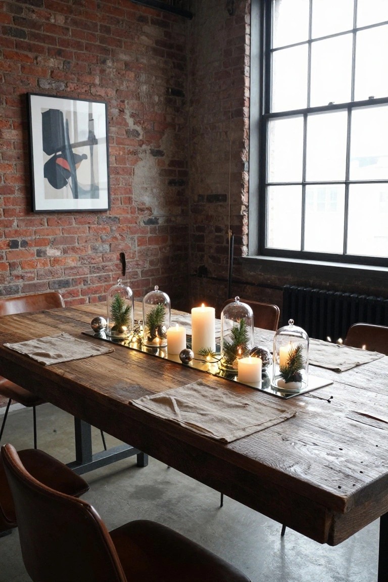 Rustic wooden dining table in exposed brick room with centerpiece of glass cloches over mini pine trees, white pillar candles, silver baubles, and fairy lights on a rectangular mirrored tray, surrounded by leather chairs.