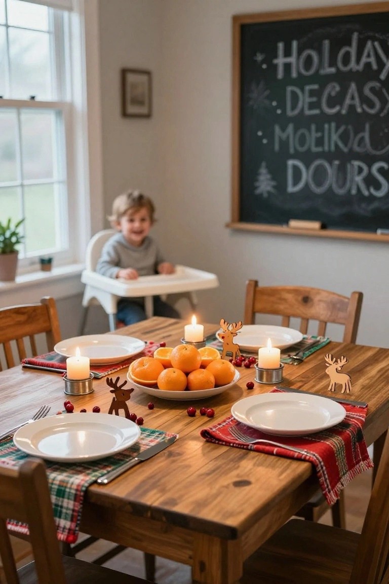 Wooden dining table set for Christmas with white plates on plaid placemats, central bowl of oranges surrounded by candles and wooden reindeer cutouts, high chair with toddler in background.
