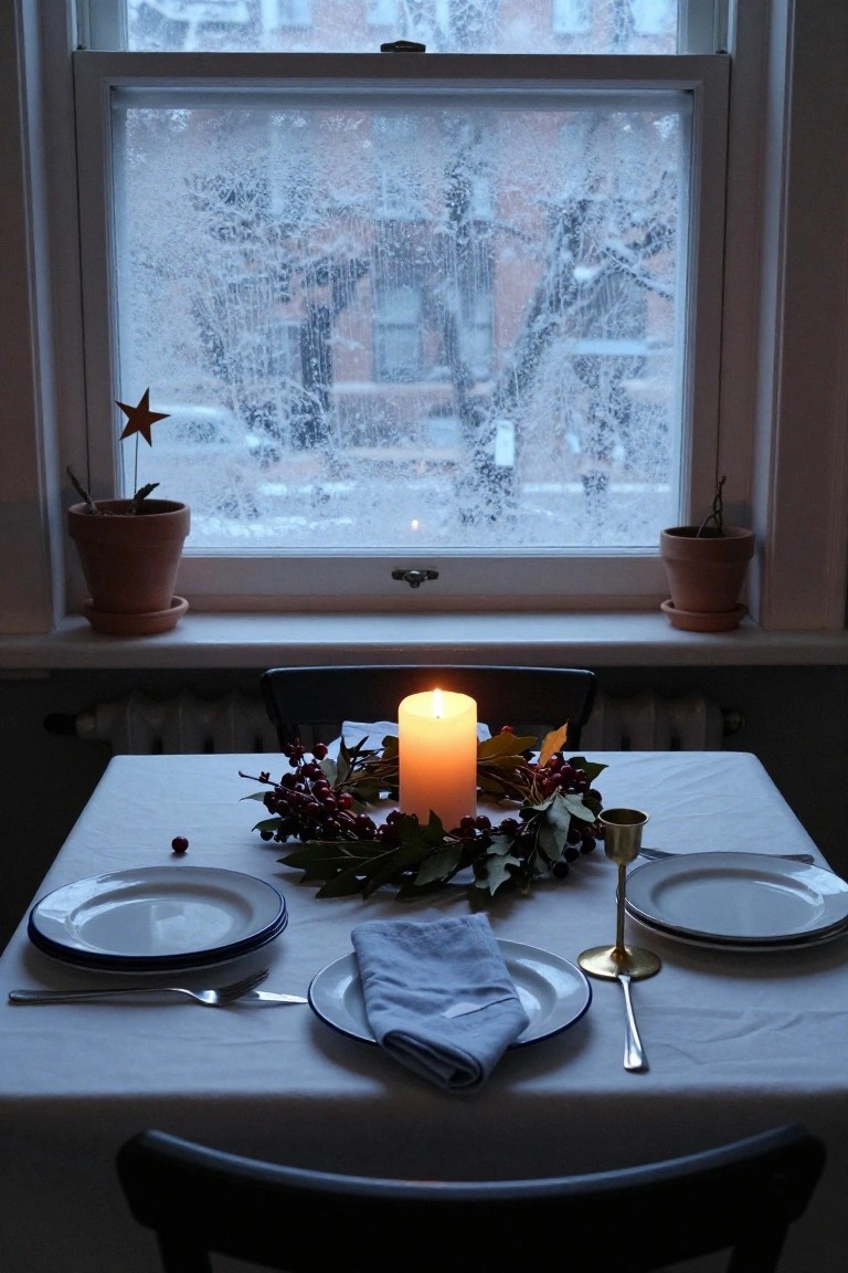 A small dining table set for two with white plates, blue napkins, silverware, and a central lit tall white candle encircled by a holly wreath with red berries, in front of a frosty window showing a snowy outdoor view, with potted plants on the sill.