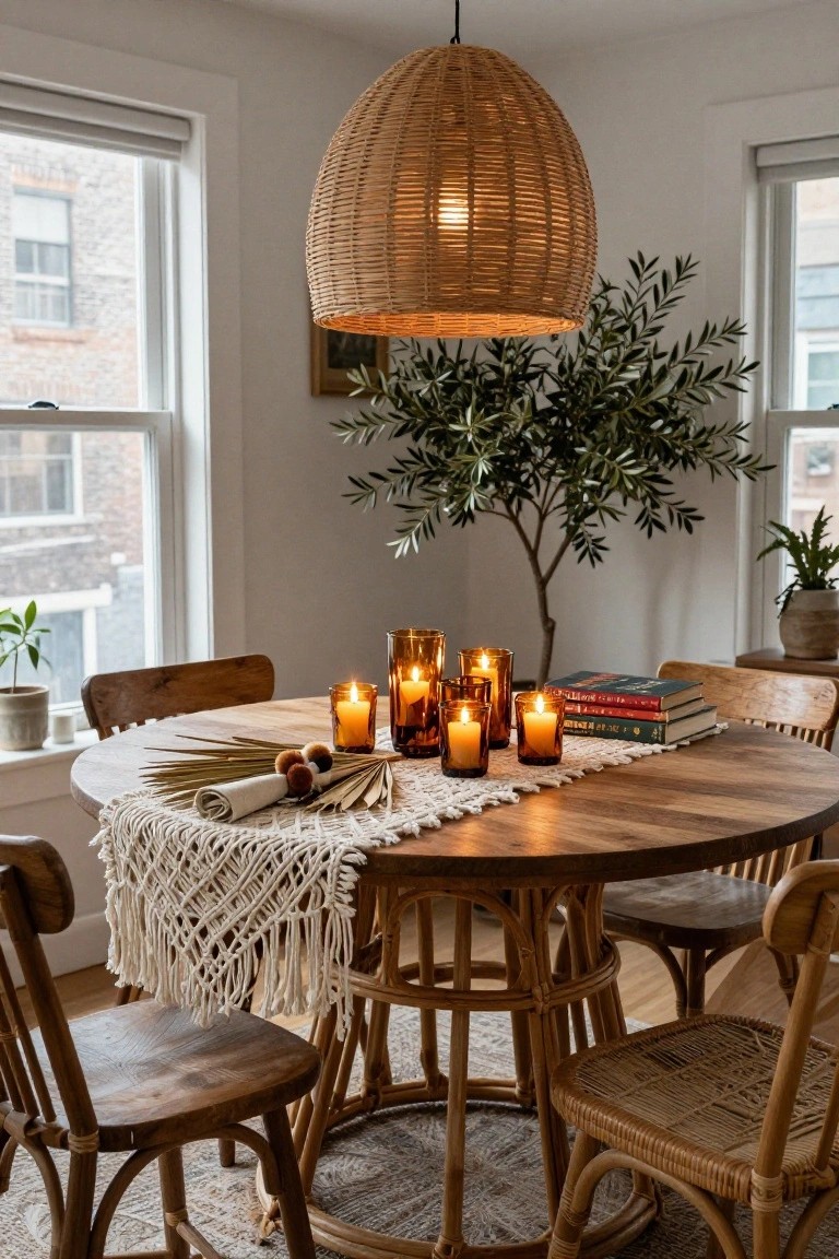 Wooden round dining table in a white room with white macrame runner, multiple lit candles in amber glass holders, palm fronds, books, wooden chairs, olive tree, and rattan pendant lamp overhead.