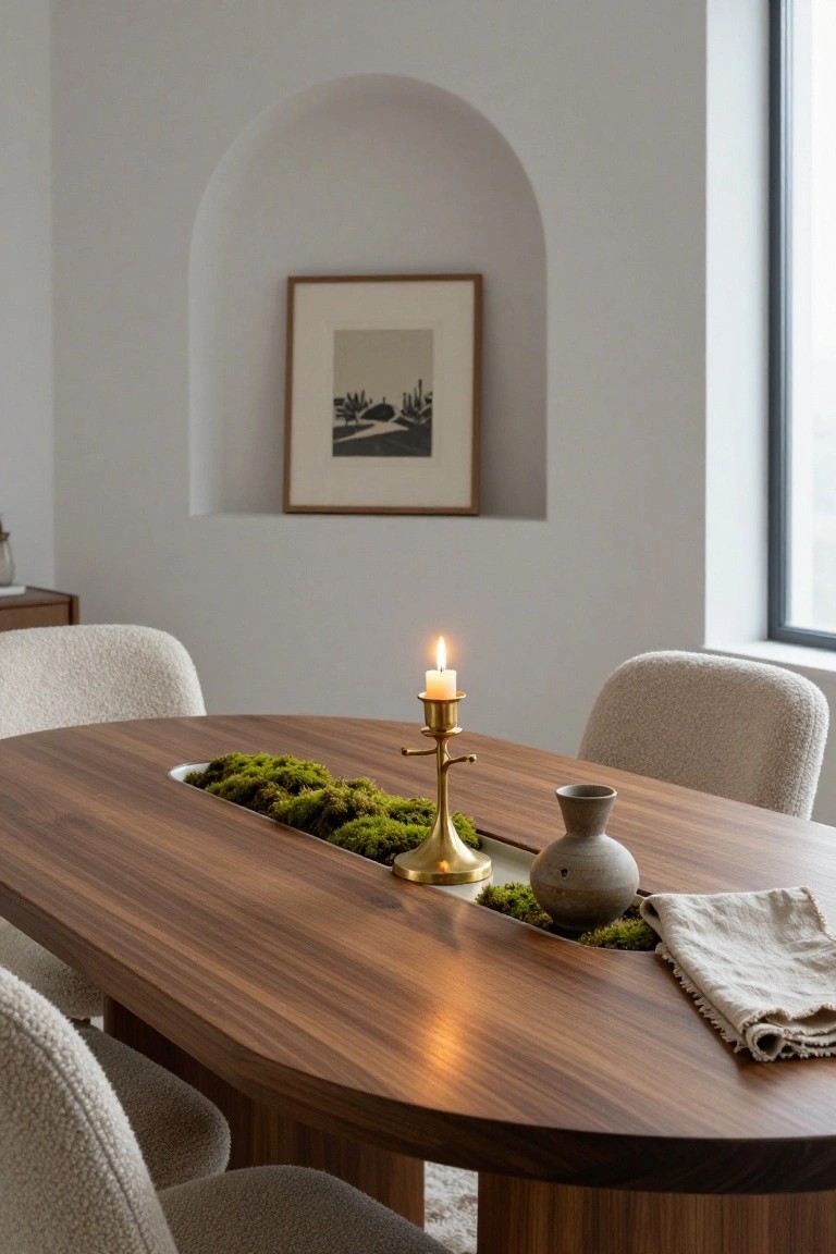 Oval wooden dining table with a central trough filled with green moss, a brass candlestick holding a lit candle, cream bouclé chairs, a gray vase, linen napkin, and arched wall niche with framed artwork in a bright interior.