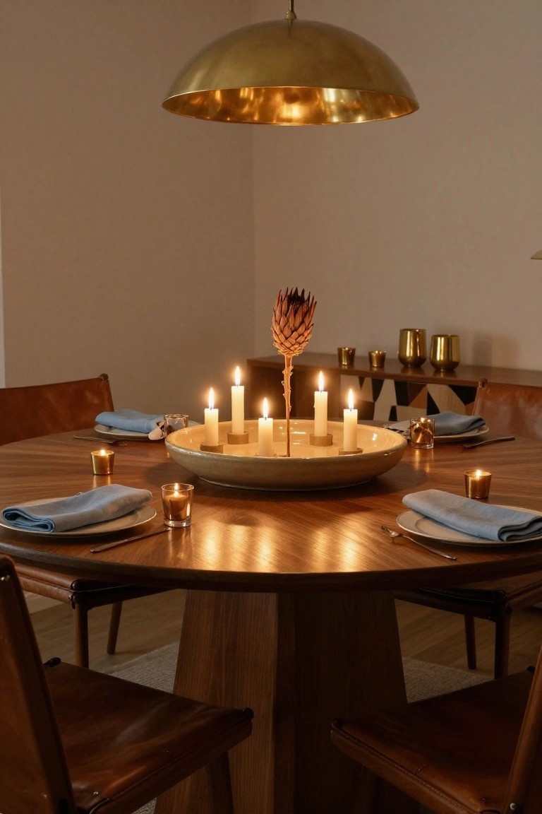Close-up of a wooden dining table with a large shallow ceramic dish holding seven lit taper candles on wooden bases and a central tall protea stem, surrounded by blue napkins, white plates, glassware, and small metal votives, with leather chairs and a gold pendant lamp overhead.