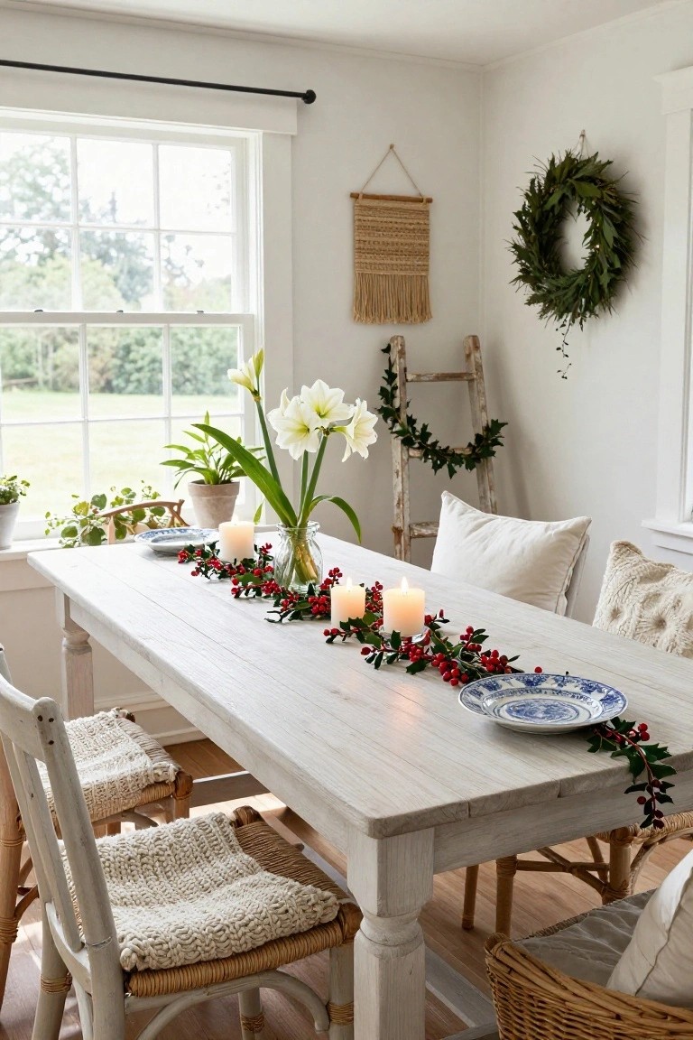 White wooden dining table in a light-filled room with a red berry and green garland runner down the center, white pillar candles, a glass vase of white lilies, blue and white plates, knit chair cushions, and holiday decor on walls and ladder.