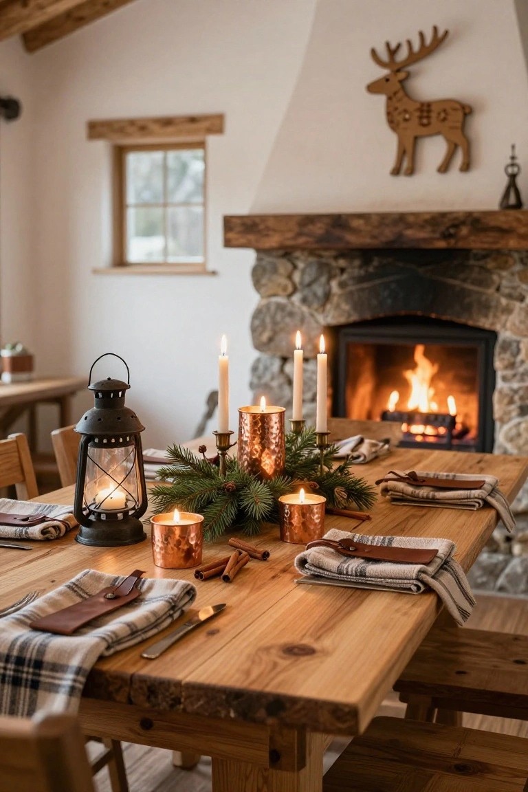 Wooden dining table with candlelit centerpiece of black lantern, copper votives, pine branches, cinnamon sticks, and cloth napkins in a rustic interior by a stone fireplace.
