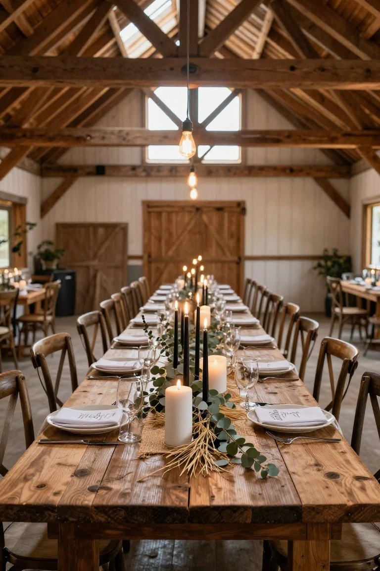 Long wooden table in a barn interior set with plates, glassware, black taper candles, white pillar candles, eucalyptus leaves, and wheat stems as a centerpiece, with wooden cross-back chairs around it.