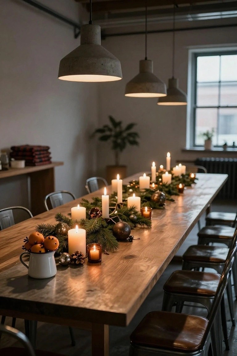 Wooden dining table in an industrial room with concrete pendant lights, decorated lengthwise with pine branches, multiple white pillar candles, metallic ornaments, clove-studded oranges in a white jug, and small glass votives.