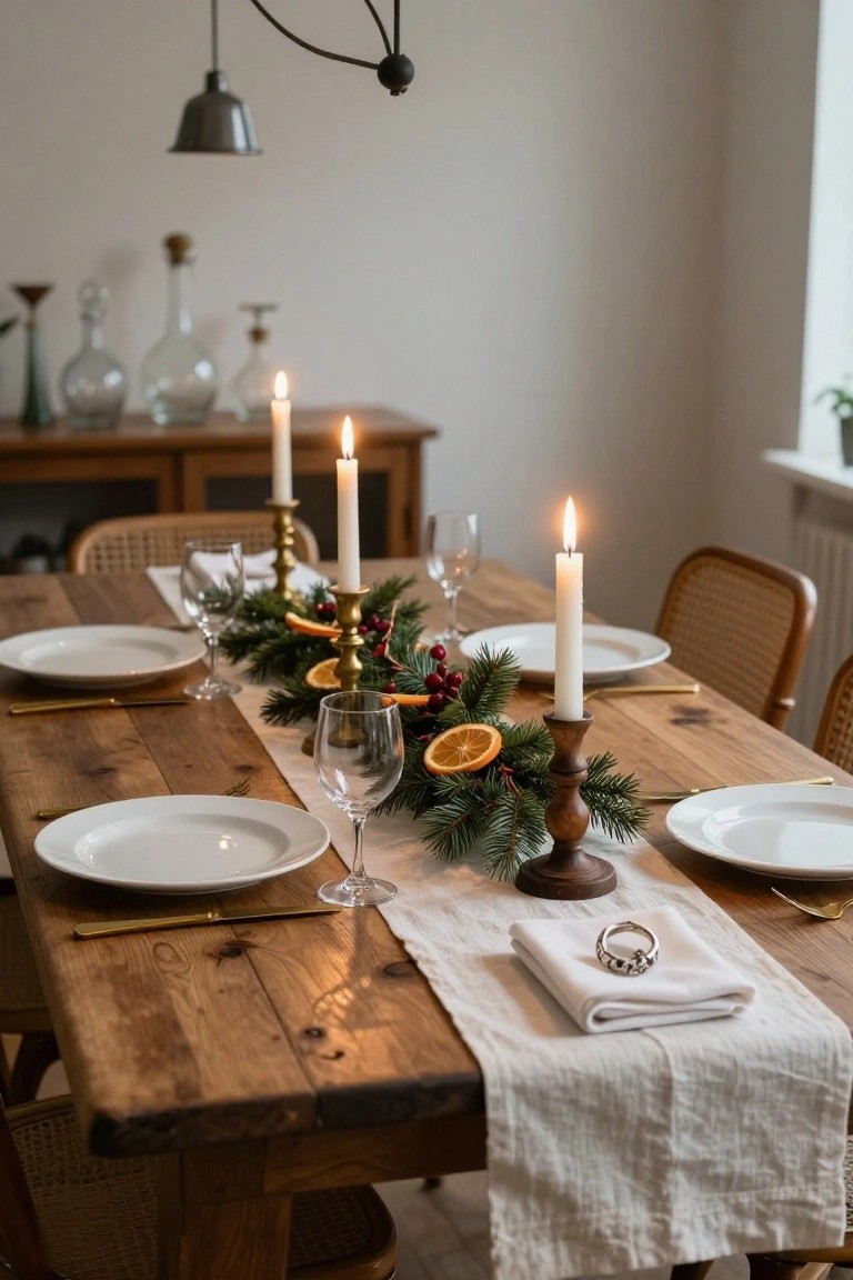 Wooden dining table with white linen runner, pine branches, dried orange slices, red berries, multiple white candles in holders, white plates, gold flatware, wine glasses, and rattan chairs.