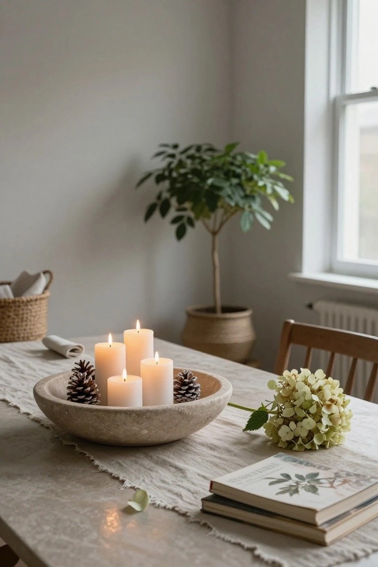 Stone bowl on a wooden table holding four white pillar candles and pinecones, with a linen runner, open books, linen napkin, and pale hydrangea nearby, potted plants and window in background