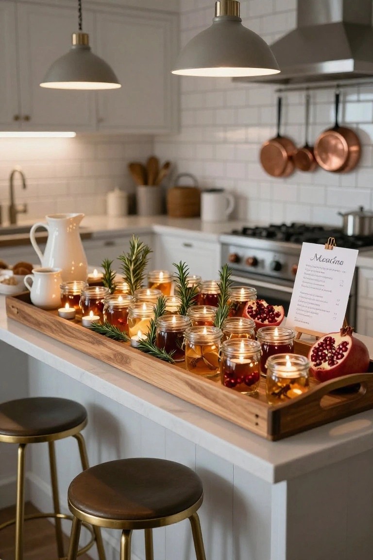 Wooden tray on a white kitchen island filled with glass jars containing amber liquid and tea light candles, rosemary sprigs, pomegranate halves, and small white cups, with a menu card nearby.
