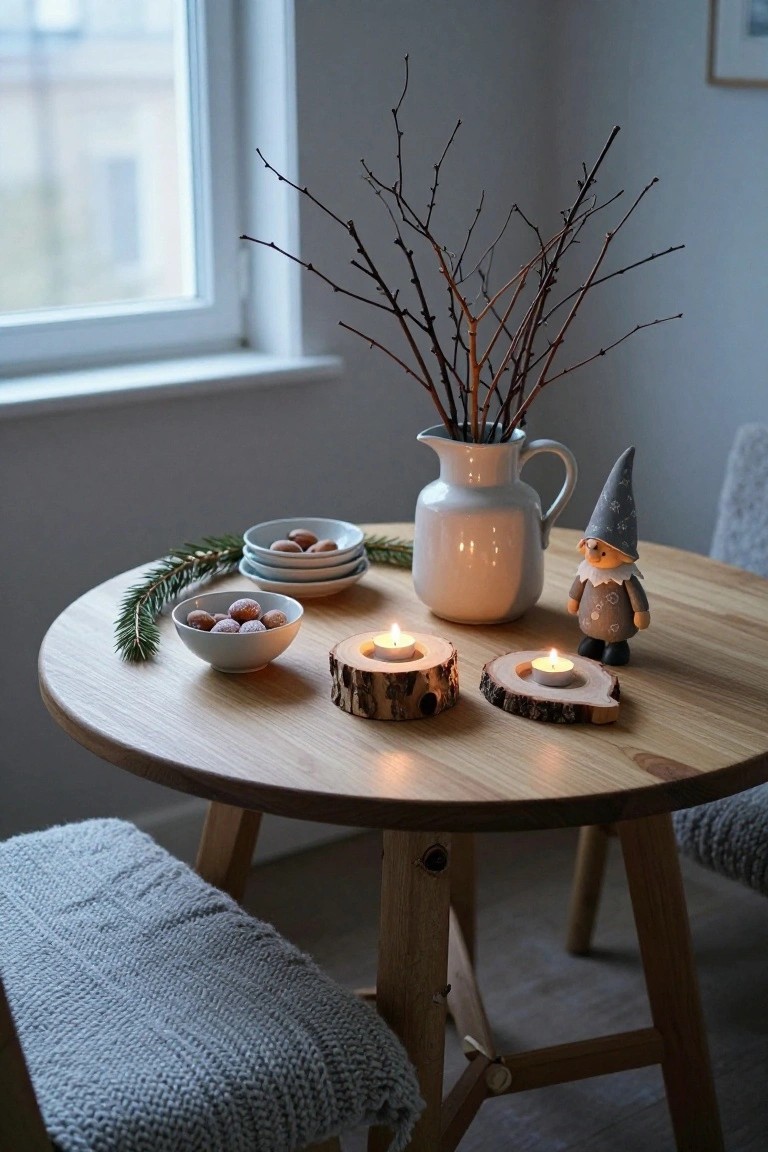 Round wooden table holding a cream jug of bare branches, stacked white bowls of nuts, two wood slice candle holders with lit tealights, a gray fabric gnome figure, and green fir branches, with gray chairs nearby in a light room.