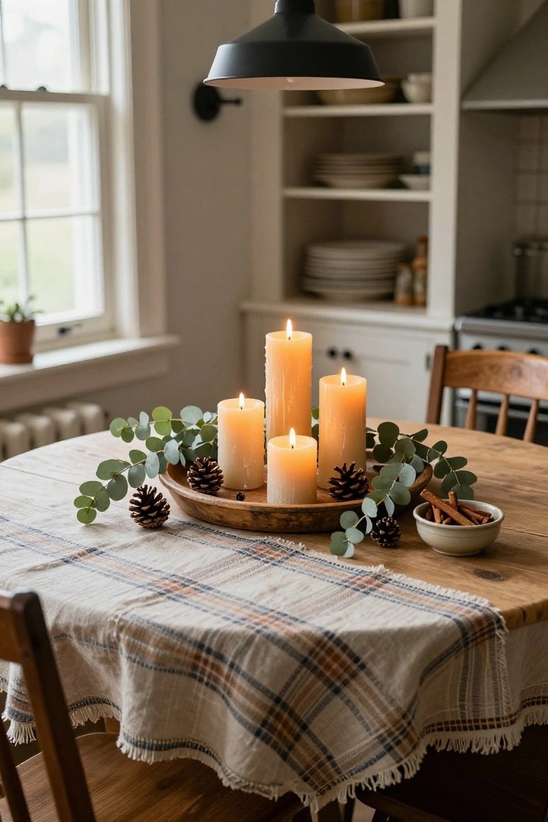 Wooden dining table in a kitchen with a centerpiece on a round wooden tray featuring lit tall beige pillar candles surrounded by eucalyptus leaves, pinecones, and cinnamon sticks in a small bowl.