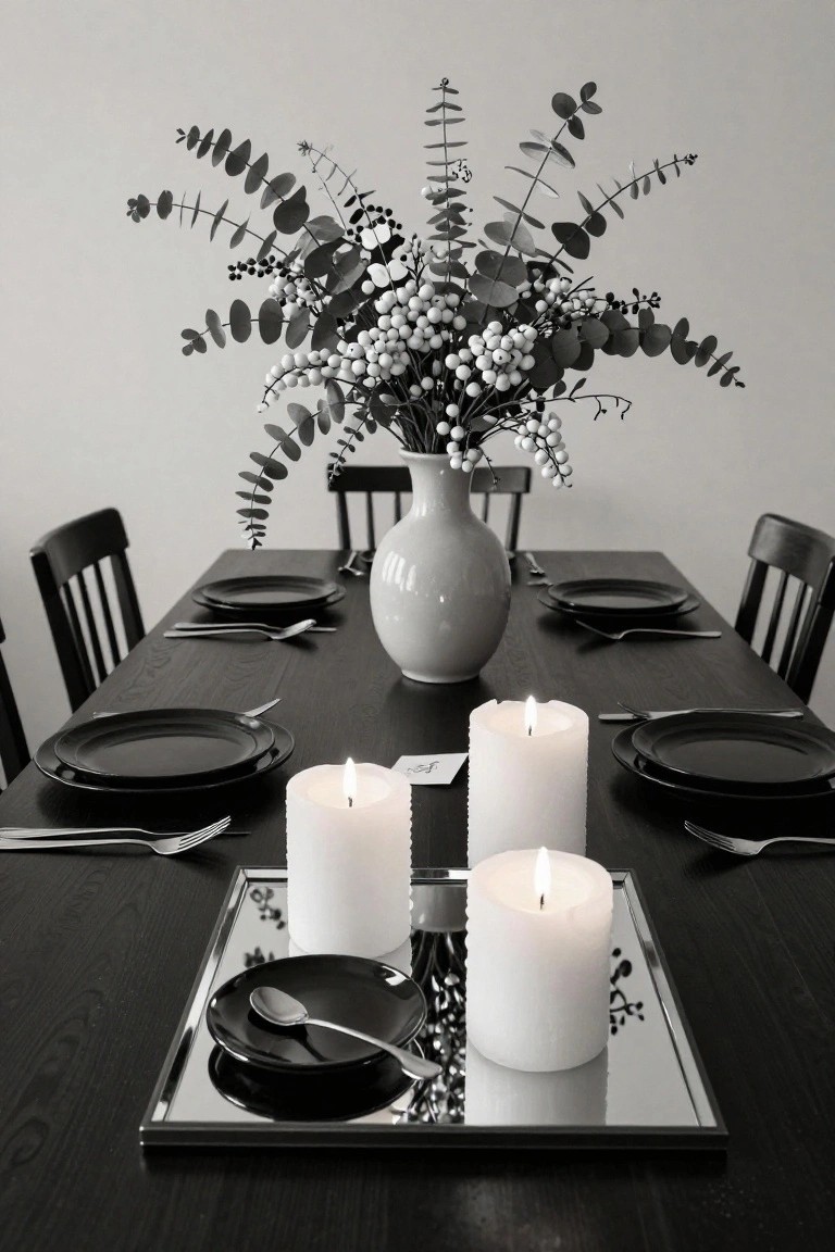Black-and-white photo of a dark wood dining table set with black plates and cutlery, a central mirrored tray holding lit white pillar candles and a small black dish with spoon, and a white vase of eucalyptus branches and berries in the background.
