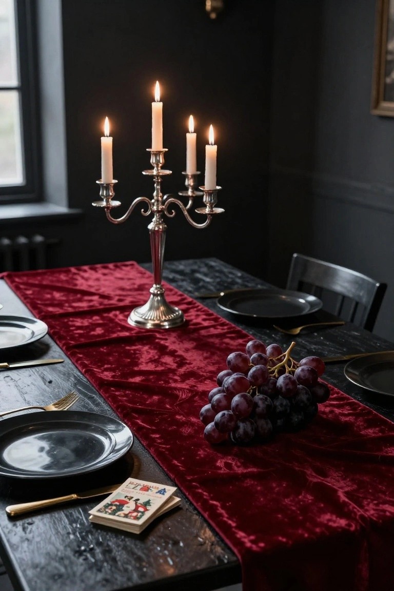 Dark wooden dining table with red velvet runner, tall silver four-arm candelabra with lit white candles, black plates, gold utensils, clusters of purple grapes, and small illustrated cards.