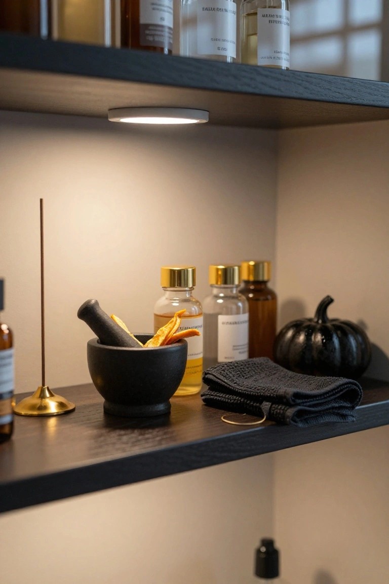 Black wooden shelf displaying glass bottles with gold caps containing oils, a black mortar and pestle with dried orange slices inside, a small black pumpkin, incense holder on a gold stand, folded black towel, and small LED puck light underneath.