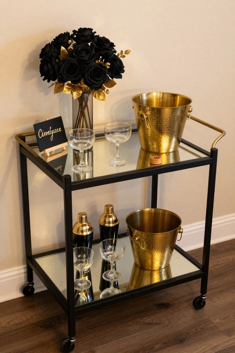 Black metal bar cart with mirrored shelves holding gold ice buckets, champagne glasses, black roses in a gold vase, and a sign reading 