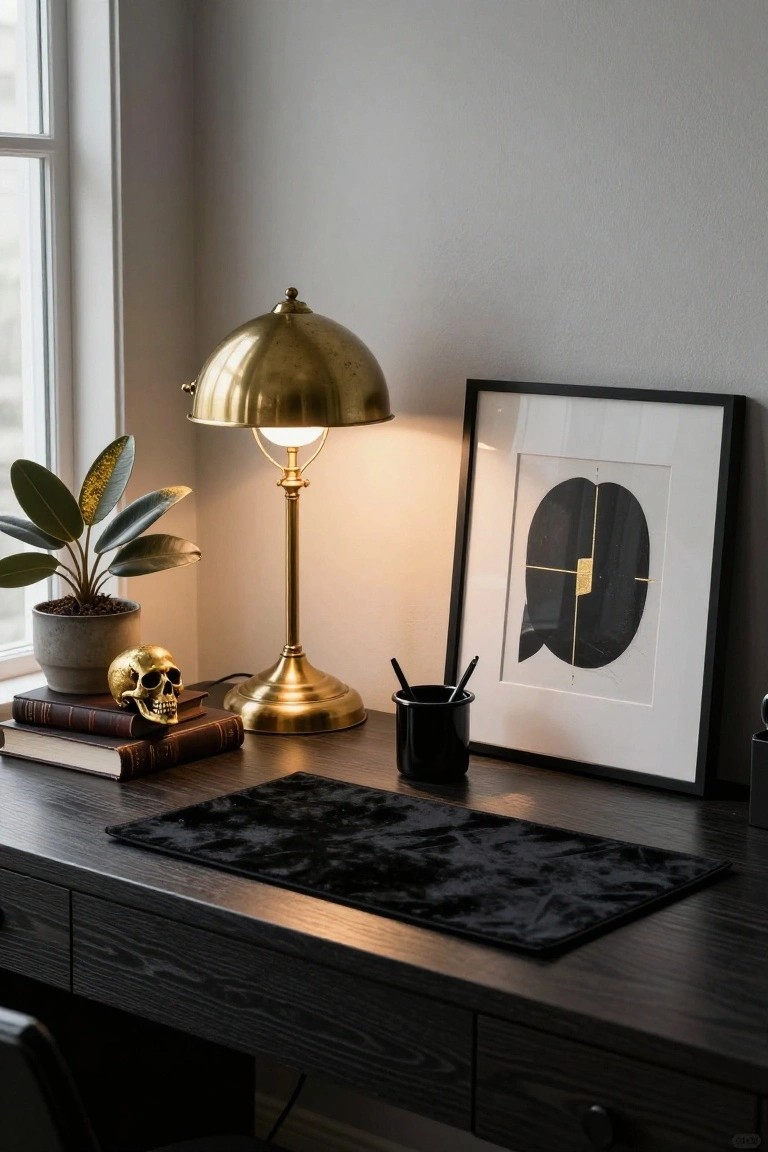 Close-up of a black wooden desk with gold banker's lamp lit up, gold skull prop, potted plant, old books, black pen holder, and abstract black and gold framed artwork nearby, in a light gray room with window.