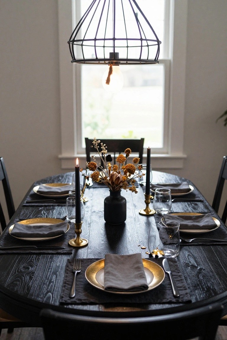 Close-up view of a black wood oval dining table set for six with gold-rimmed plates, gray napkins, black placemats, black taper candles in gold holders, a black vase of dried orange flowers, and glassware, under a black wire pendant light in a white-walled room with black chairs.