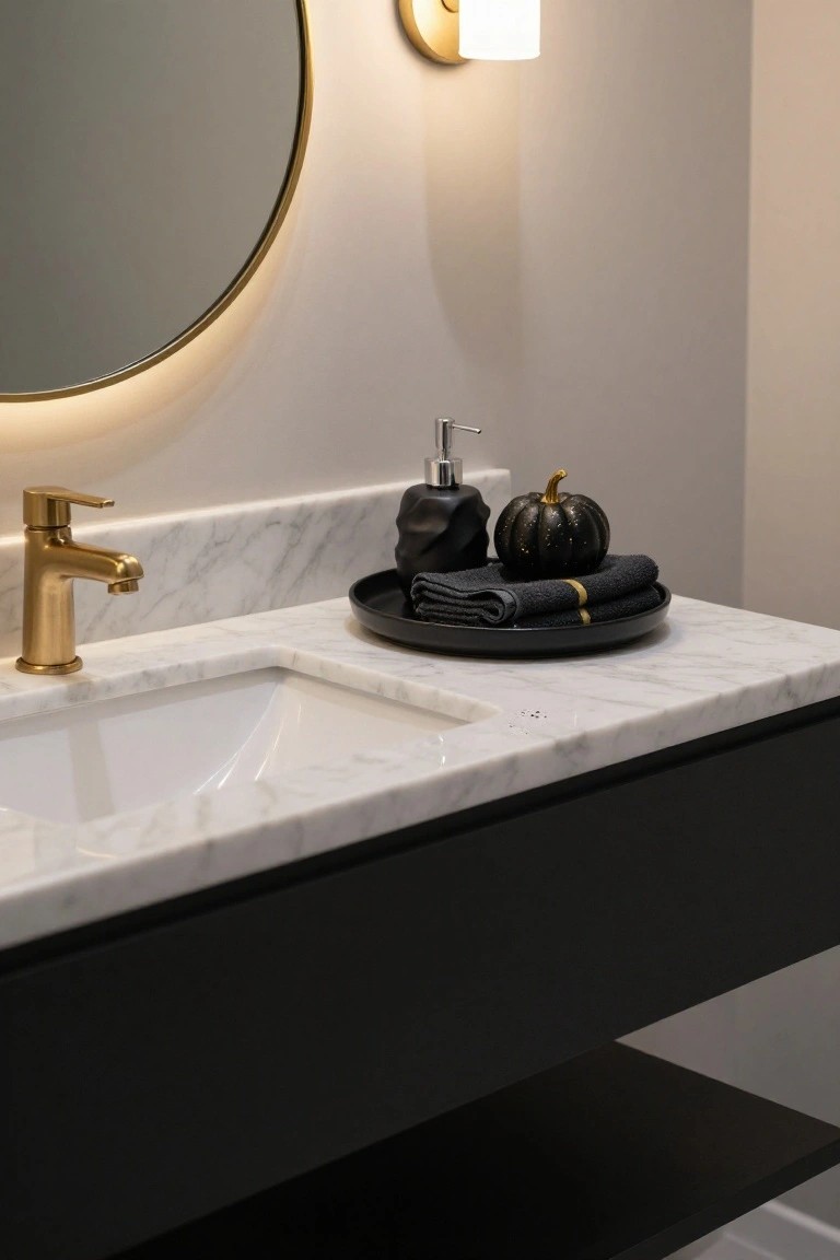 Bathroom vanity with white sink, gold faucet, marble countertop edged in white, black lower cabinet, gold-framed round mirror, wall sconce, black soap dispenser, stacked black towels with gold trim, and glittery black pumpkin on black plate.