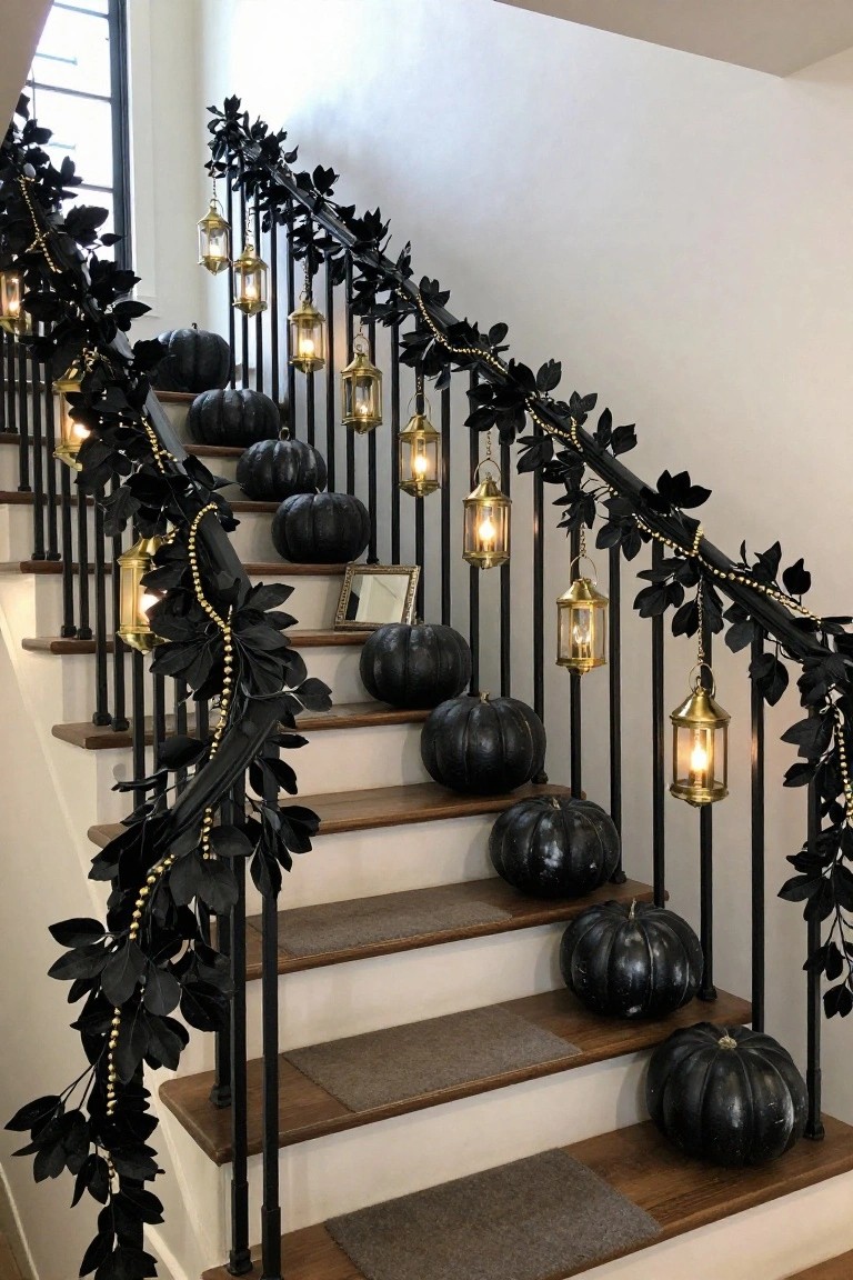 Staircase with black pumpkins on steps and treads, black leaf garland with gold beads draped along black metal railing, and gold lanterns hanging from the railing.