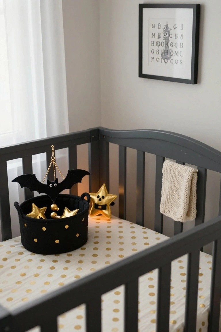 Gray crib with gold polka-dot sheet, black basket filled with gold star plush toys and bells on the mattress, hanging black bat mobile, cream knit cloth on rail, and gold star light in nursery room.
