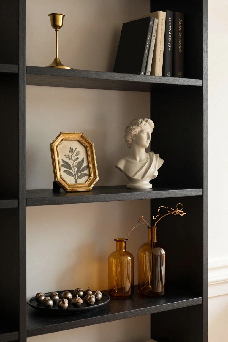 A black wooden bookshelf with multiple shelves displaying assorted books, a brass candlestick, gilded frame with botanical print, white marble bust, amber glass bottles, twisted dried branch, and black plate of metallic acorns.
