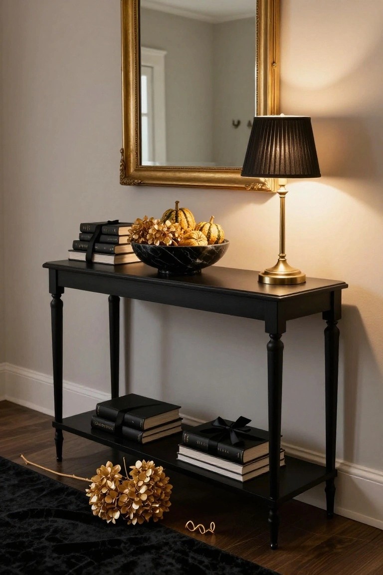 Black console table against a light gray wall holds stacks of black books, a black bowl of gold pumpkins and hydrangeas, and a black lamp with gold base, next to a large gold-framed mirror.