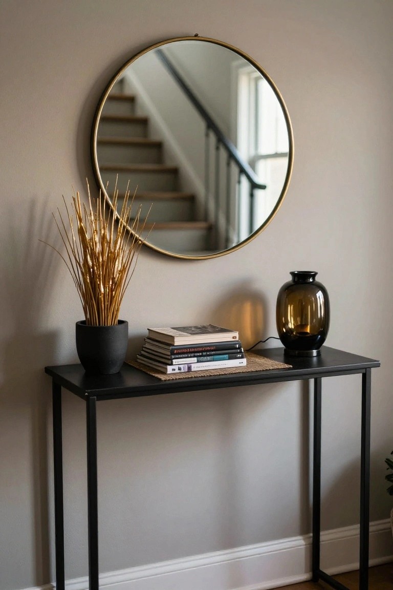 A slim black metal console table against a light gray wall in a hallway, topped with stacked books on a seagrass placemat, a black pot of tall golden dried grasses, and a brown glass lamp on a black base, with a large gold-framed round mirror mounted above reflecting nearby wooden stairs.