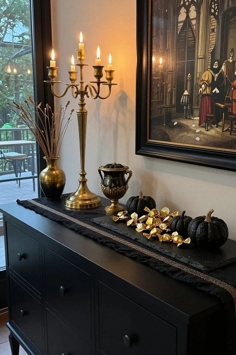 Black wood dresser topped with gold candelabra holding five lit candles, brass vase of dried branches, ornate gold urn, small black pumpkins, and gold foil-wrapped candies on a black runner, beside a framed gothic painting and large window.