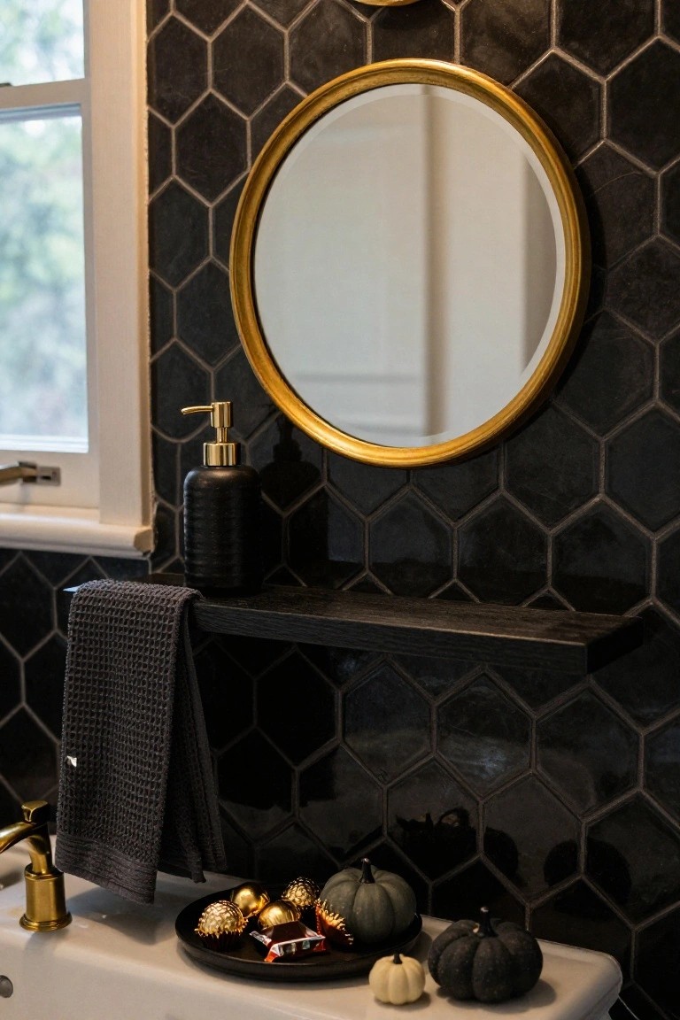 Bathroom sink area with white porcelain sink, gold faucet and handles, black hexagonal wall tiles, round gold-framed mirror, black soap dispenser on a shelf, gray towel hanging nearby, and small pumpkins and gold-wrapped chocolates on a black plate.