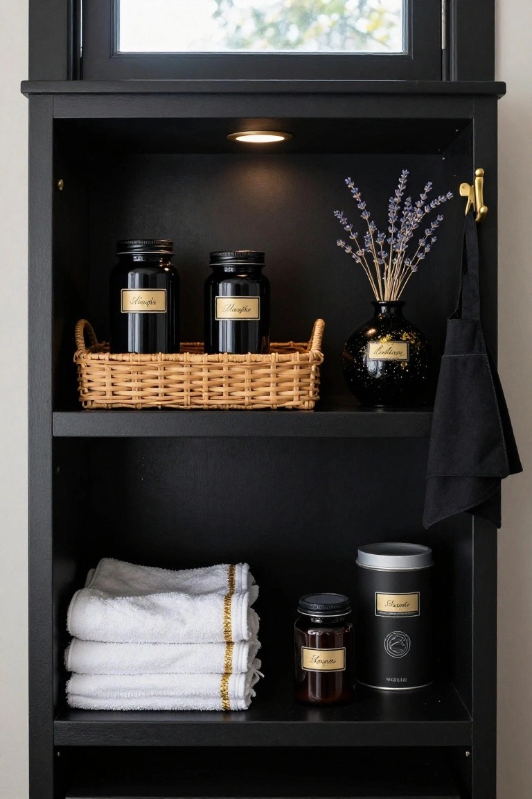 Open black wooden shelving unit displaying black glass jars with gold script labels, a wicker basket, lavender stems, black vase, towels, and metal tin containers.
