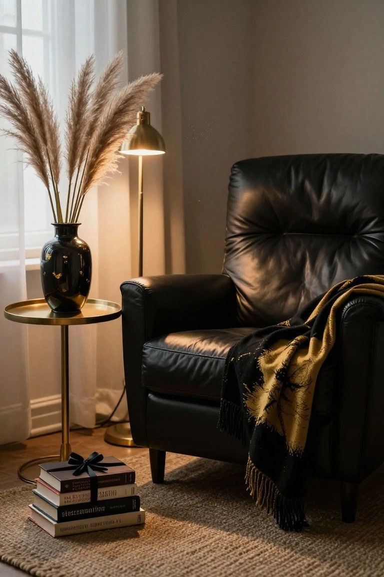 Black leather armchair with a black and gold patterned throw draped over the arm, beside a gold side table with black vase of pampas grass and a lit brass floor lamp, books stacked on the floor in a softly lit room.
