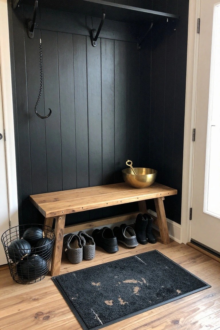 Black shiplap paneled mudroom nook with wooden bench, shoes stored underneath, wire basket holding black pumpkins, gold bowl with handle on bench, coat hooks above, and open door nearby on hardwood floor.