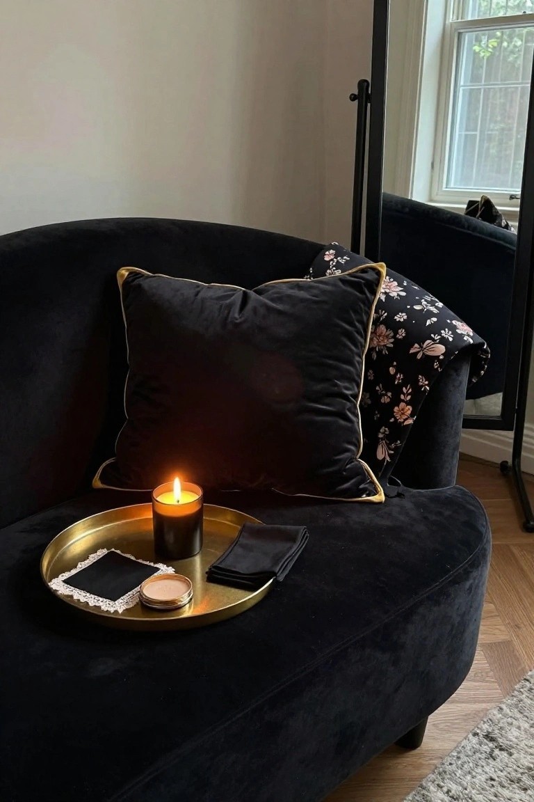 Curved black velvet sofa with gold-edged black pillows, a brass tray on the seat holding a lit black candle, gold compact, black napkins, and lace doily, positioned near a full-length mirror and window.