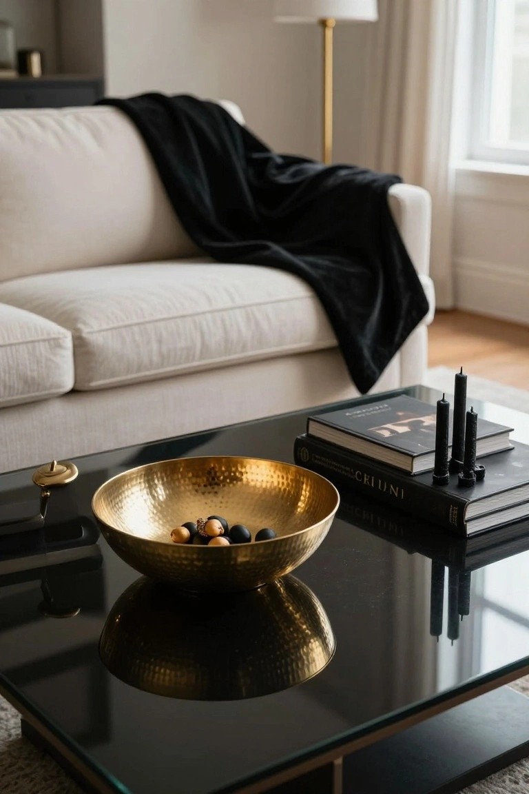 Close-up of a black glass coffee table holding a hammered gold bowl with orange and black balls, black taper candles, stacked books, and a small brass bell, with a beige sofa and black throw blanket in the background.