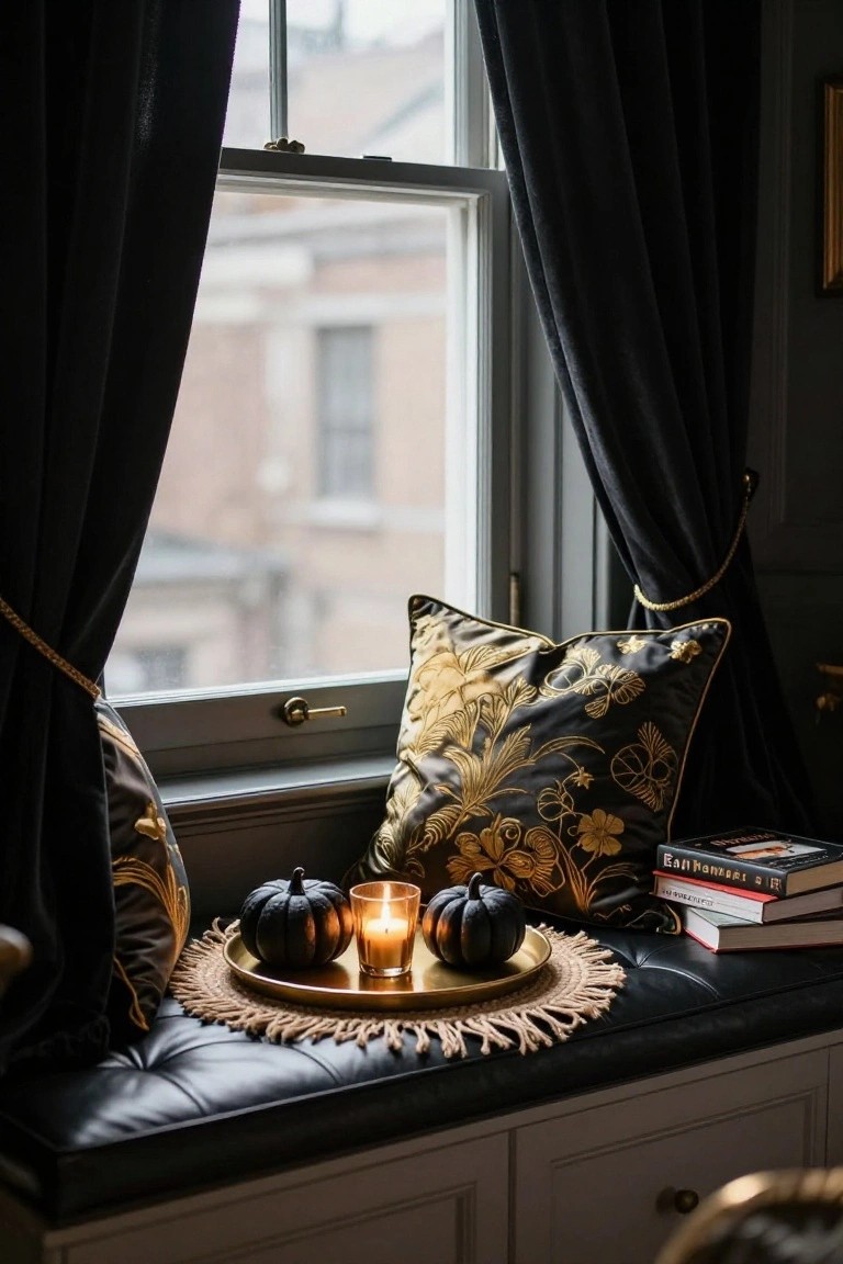 Black leather tufted window seat with black and gold embroidered pillows, two mini black pumpkins, a lit candle on a gold tray over a rattan mat, books stacked nearby, and heavy black curtains framing a tall window.