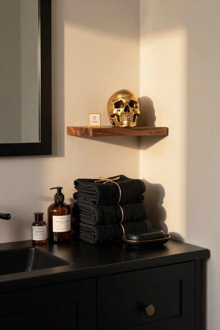 Black bathroom vanity with sink, two amber glass bottles of bath products, black soap dish, stack of black towels tied with gold ribbon, and gold skull on wooden wall shelf above beside mirror.