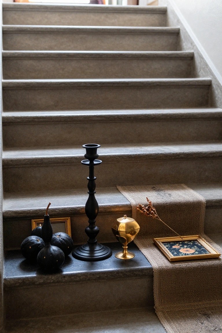Stone staircase landing holding several black pumpkins, a tall black candelabra, a gold incense burner, two small gold frames, and a textured runner on the steps.