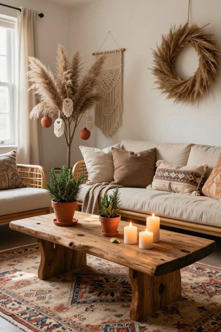 Cozy living room interior with beige linen sofa and patterned pillows, rustic wooden coffee table holding lit white candles and terracotta pots of rosemary plants, tall pampas grass plant with hanging terracotta ornaments, macrame wall hangings, dried grass wreath, and neutral rug.