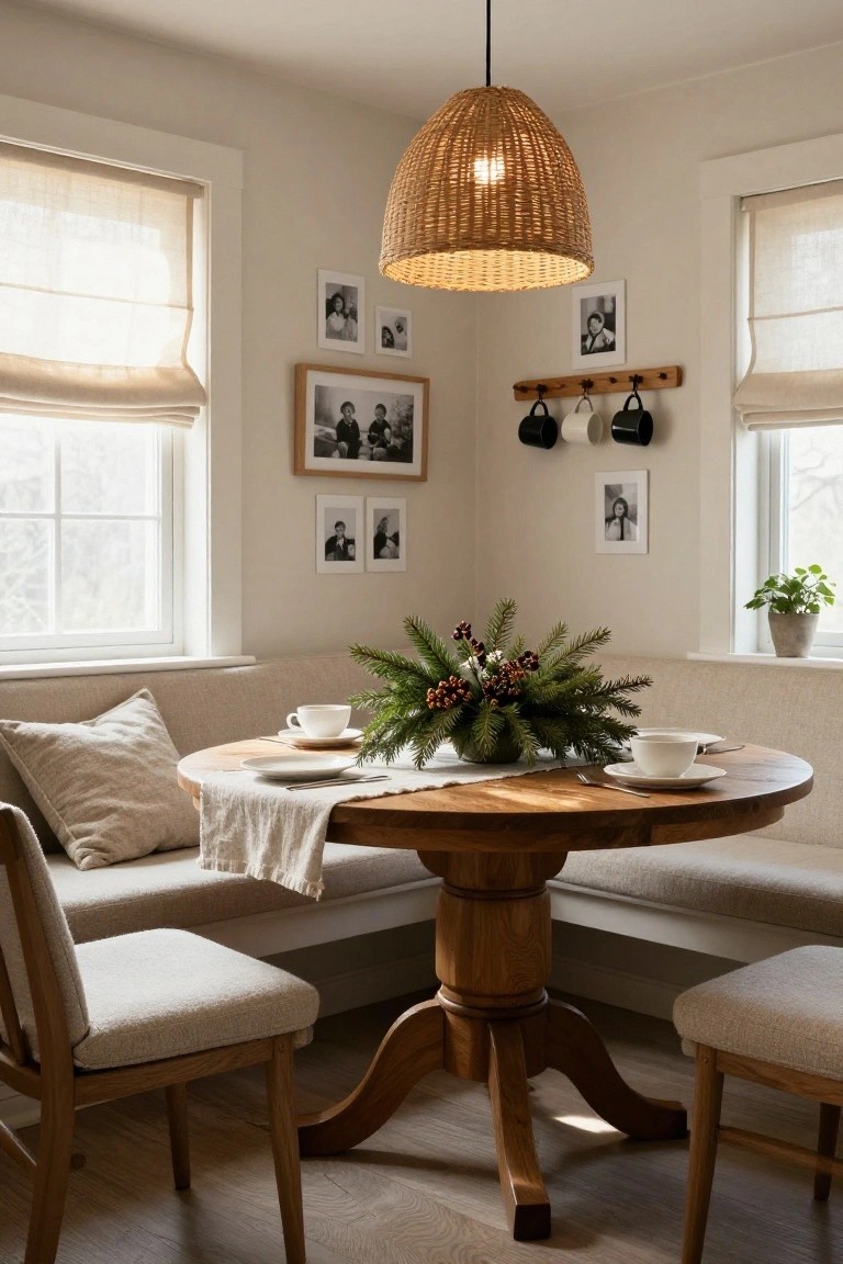 Cozy beige banquette seating around a round wooden pedestal table in a light-filled kitchen corner, with an evergreen and berry centerpiece, white teacups and saucers, sheer window shades, and family photos on the walls.