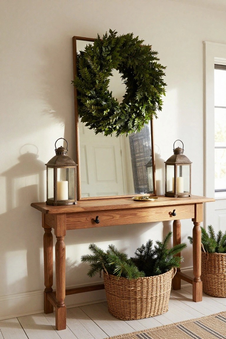 Wooden console table in a white entryway topped with brass lanterns containing white candles and a small tray, under a tall rectangular mirror framed by a green eucalyptus wreath, with two seagrass baskets of fir branches flanking the table legs.