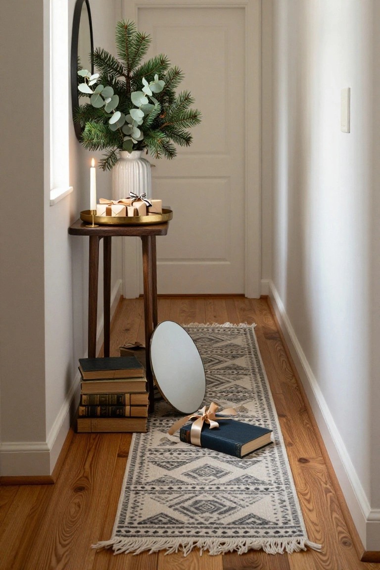 Narrow white hallway with hardwood floors and a gray-and-white runner rug, a wooden console table holding a white vase of pine branches and eucalyptus, a lit candle, and wrapped gifts on a gold tray, stacks of books and a wrapped blue book on the floor, round black mirror on wall, and white door nearby.