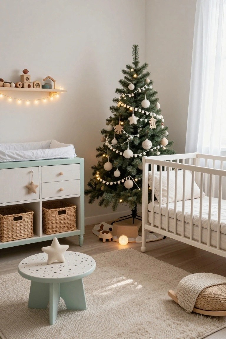 Cozy nursery room with a small decorated Christmas tree next to a white crib, a mint green changing dresser with wicker baskets, wooden toys on a floating shelf, a small turquoise table, and neutral rug and linens.
