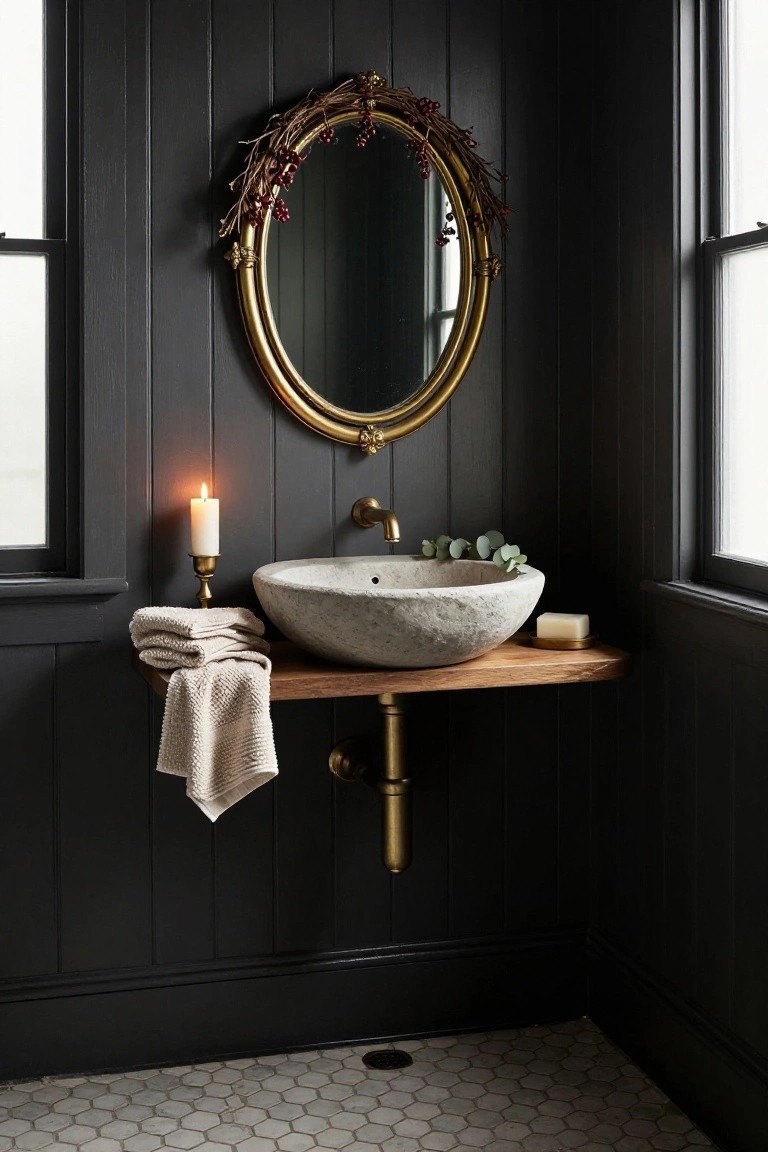 Corner view of a dark wood-paneled bathroom featuring an oval gold mirror with berry wreath, stone vessel sink on wood shelf with brass faucet, candle holder, towels, soap dish, and eucalyptus stems.