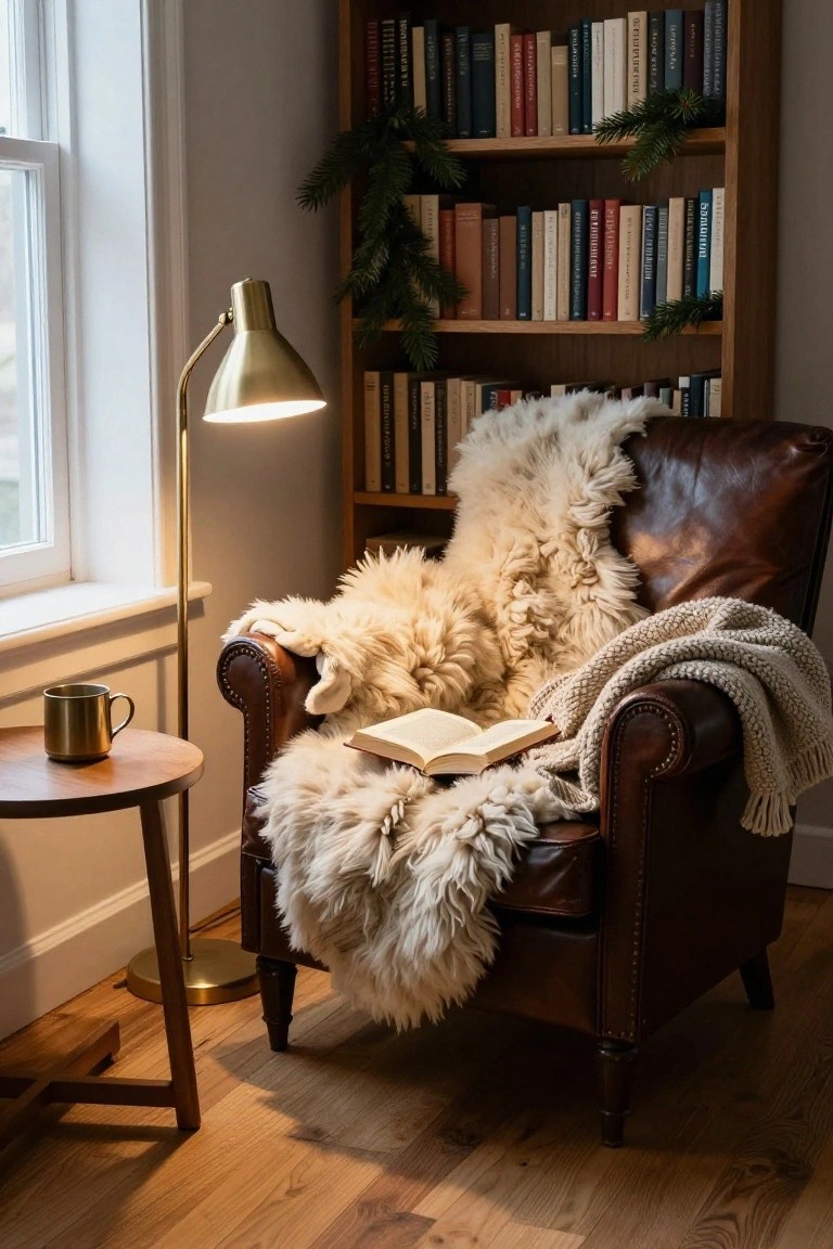 A brown leather armchair draped with white sheepskin throw and cream knit blanket holding an open book, next to a wood side table with gold mug, brass floor lamp, bookshelves with evergreen branches, and wood floor in a corner room.